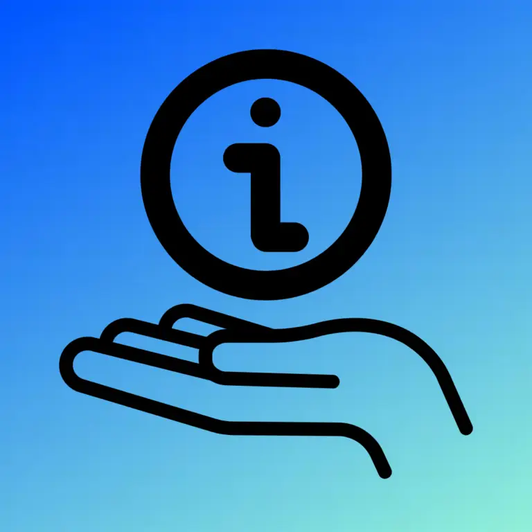 A circle with a lower case "i" inside hovers over an icon of a hand meant to demonstrate the offering of information.