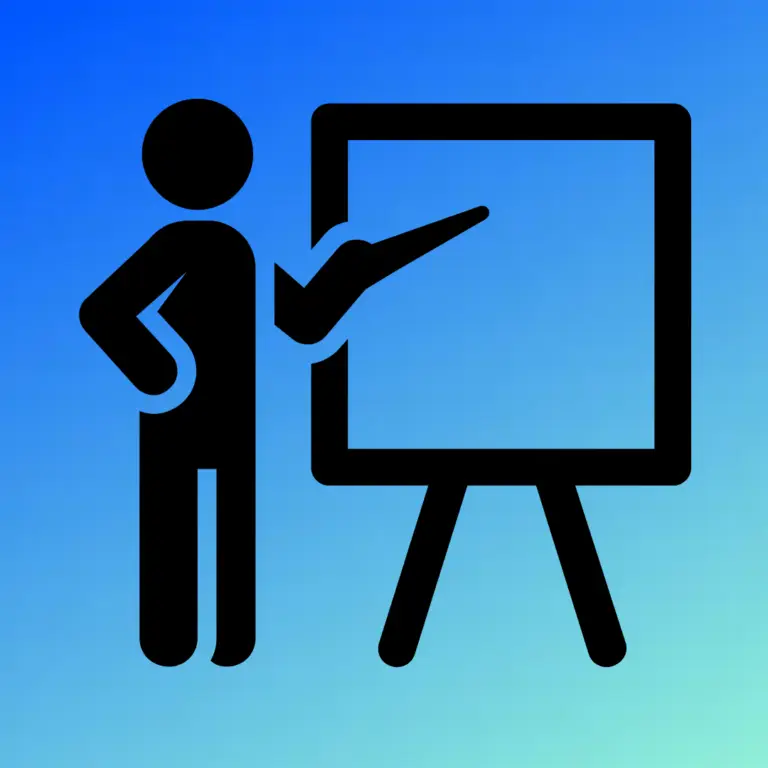 An icon of a person stands next to a screen/whiteboard with a pointer pointed at the screen/whiteboard indicating instruction.