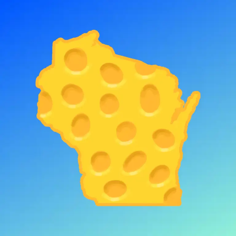 The geographical shape of the state of Wisconsin with yellow and orange markings to make it look like cheese set on a blue background.